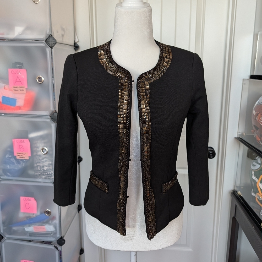Forever 21 Black Gold Bling Trim Hook Closure Blazer Jacket Size Small - Picture 2 of 11